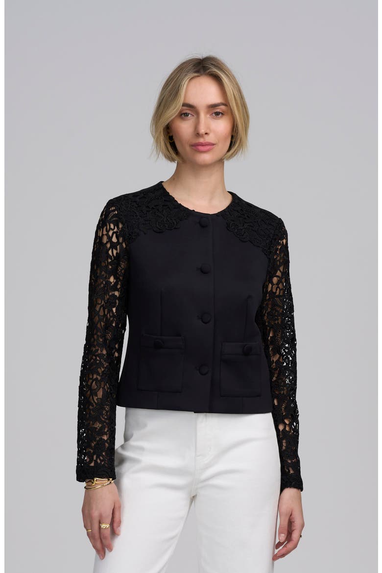 Lace Satin Jacket, Main, color, BLACK