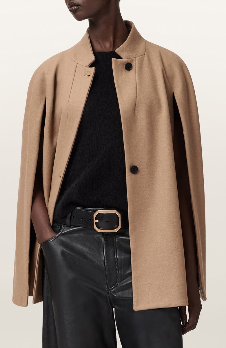 AllSaints Lunis Wool Blend Cape Coat, Main, color, Camel Brown