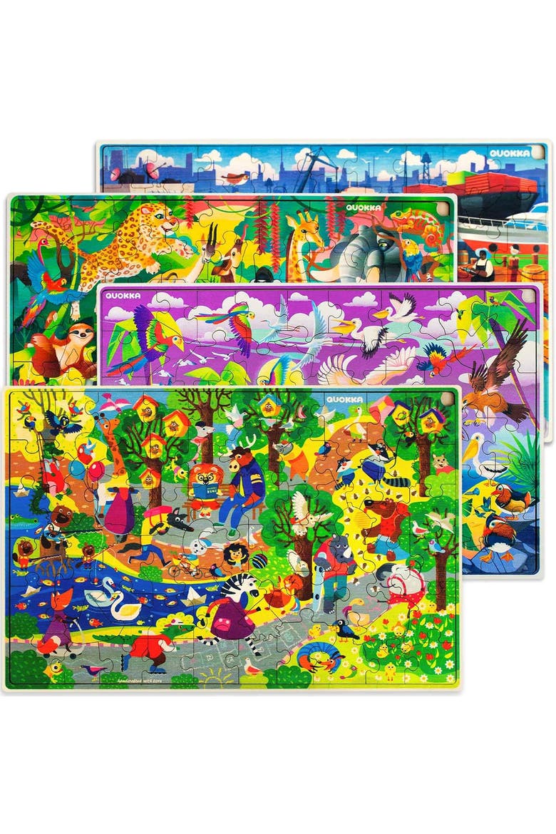 4x60 Piece Kids Wooden Jigsaw Puzzles, Main, color, Forest Bug Africa Vechicles