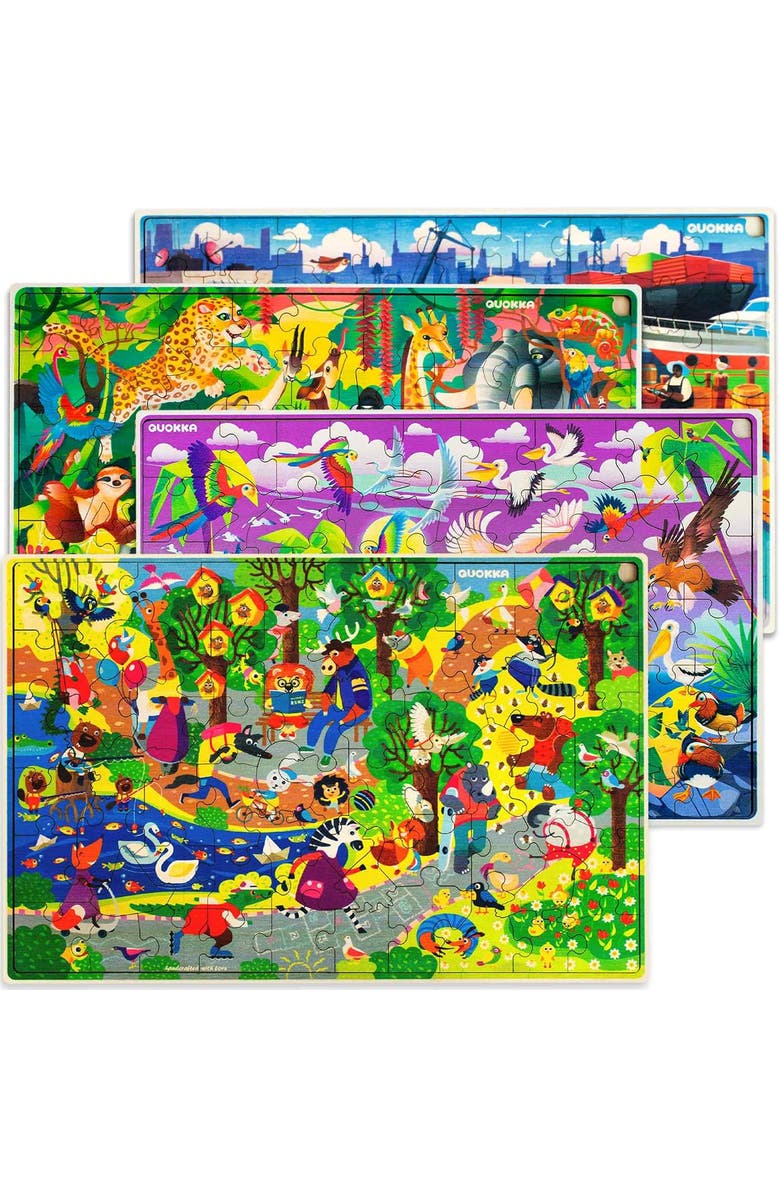 Quokka 4x60 Piece Wooden Jigsaw Puzzles for Kids, Main, color, Forest Bug Africa Vechicles