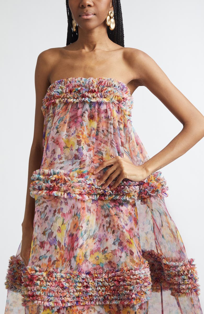 Zimmermann Kindred Spirit Luna Ruffle Bandeau Silk Organza Gown, Alternate, color, Multi Floral