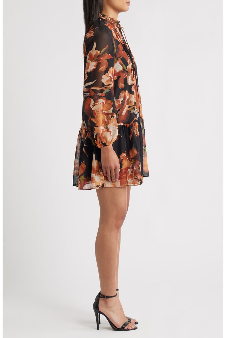 Floral Long Sleeve Drop Waist Minidress, Alternate, color, BLACK MULTI