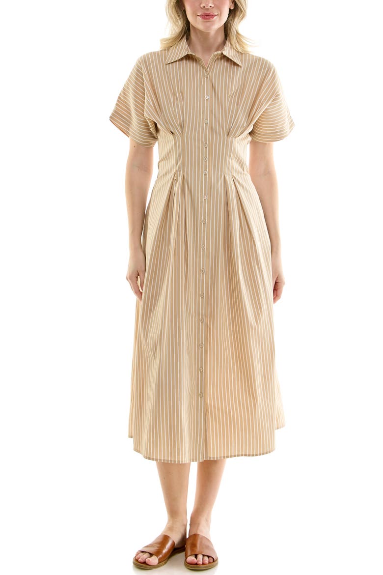 Pintuck Waist Midi Shirtdress, Main, color, MOCHA / WHITE