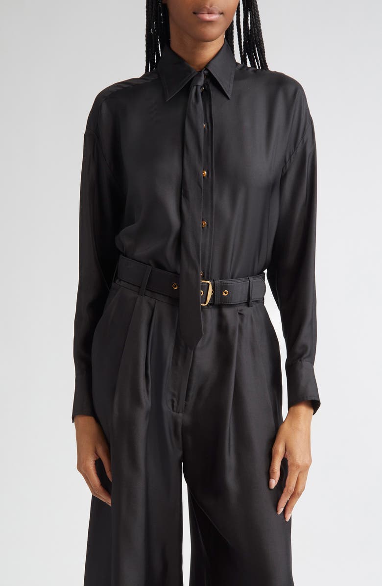 Zimmermann Relaxed Tie Silk Button-Up Shirt, Main, color, Black