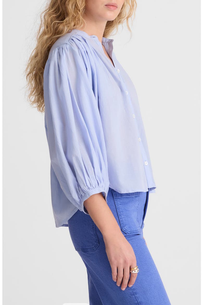 Shirred Crewneck Button-Up Top, Alternate, color, TRANQUIL BLUE