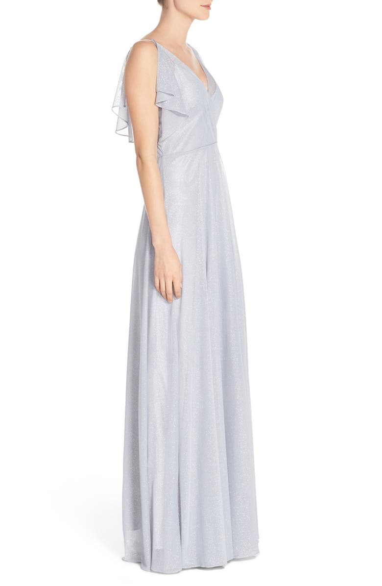 Jenny Yoo Cassie V-Neck Flutter Sleeve Shimmer Gown, Alternate, color, 