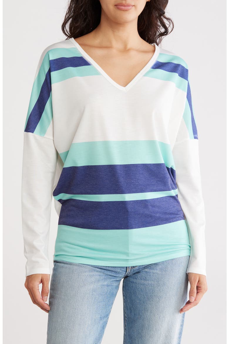 V-Neck Dolman Sleeve Sweater, Main, color, IVORY MINT BLUE PATTERN PRINT