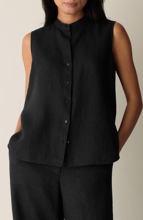 Sleeveless Linen Mandarin Collar Button-Up Shirt