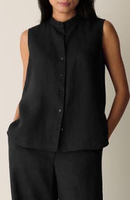 Eileen Fisher Sleeveless Linen Mandarin Collar Button-Up Shirt