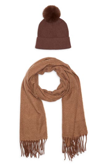 Vince Camuto Chevron Wrap Scarf & Faux Fur Pompom Beanie Set In Brown