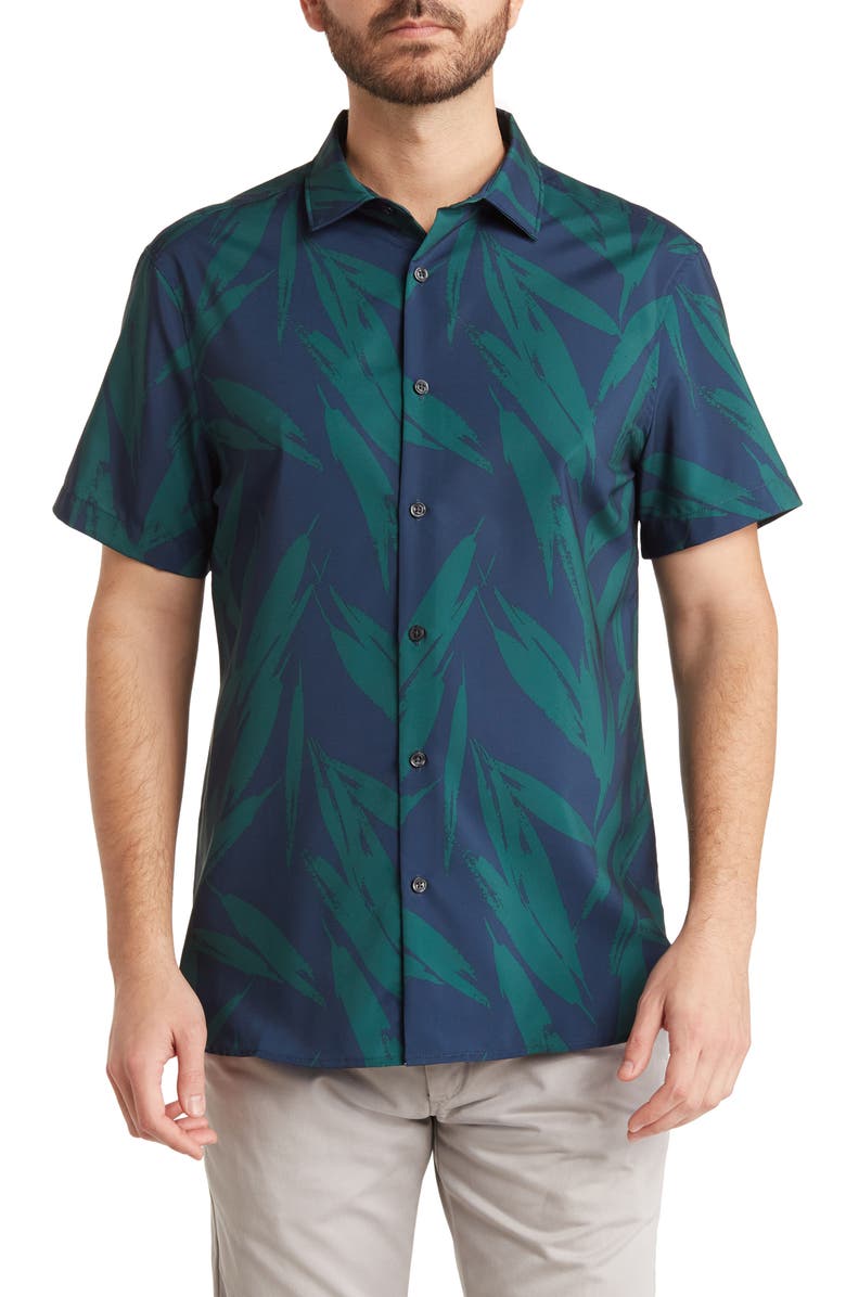 Perry Ellis Leaf Print Short Sleeve Stretch Button-Up Shirt, Main, color, 
