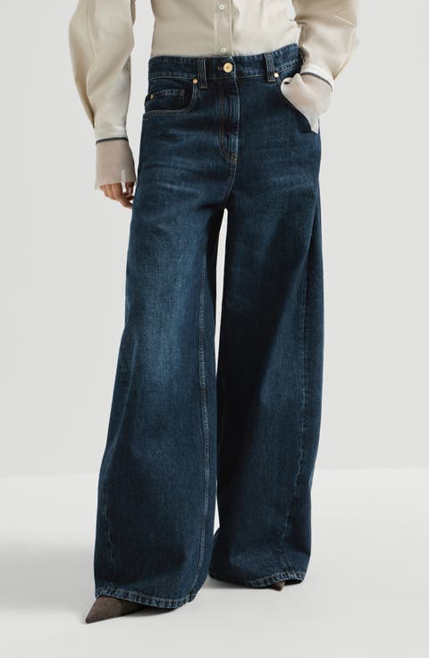 Authentic denim wide trousers with monili