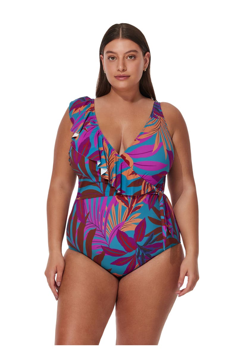 Plantopia Plus Size V-Neck Surplice Ruffle One Piece, Main, color, Multi-Teal