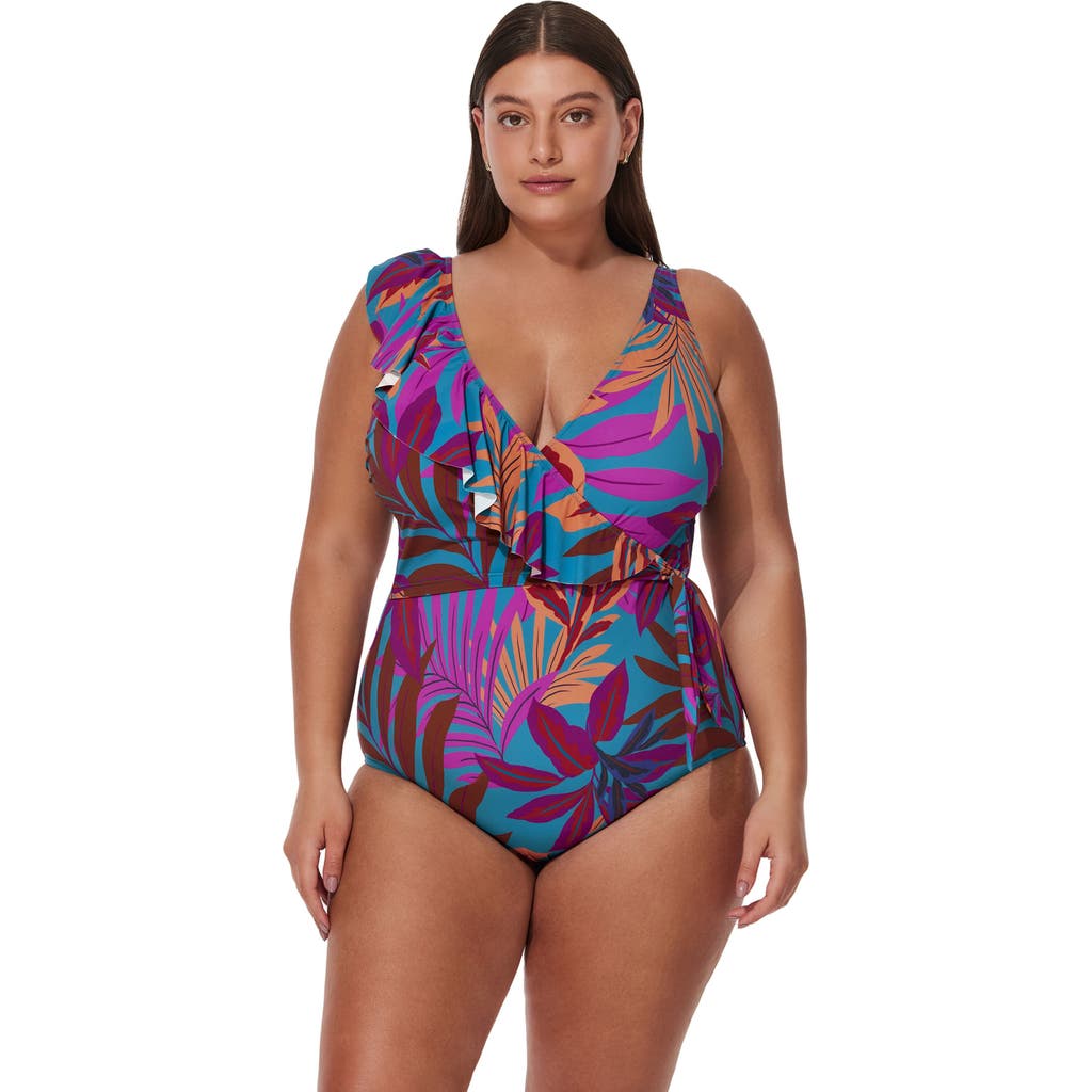 Gottex Plantopia Plus Size V-neck Surplice Ruffle One Piece In Pink