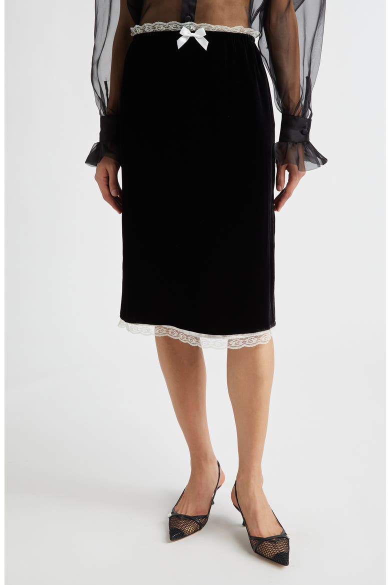 Gender Inclusive Celerie Lace Trim Velvet Slip Skirt, Main, color, BLACK