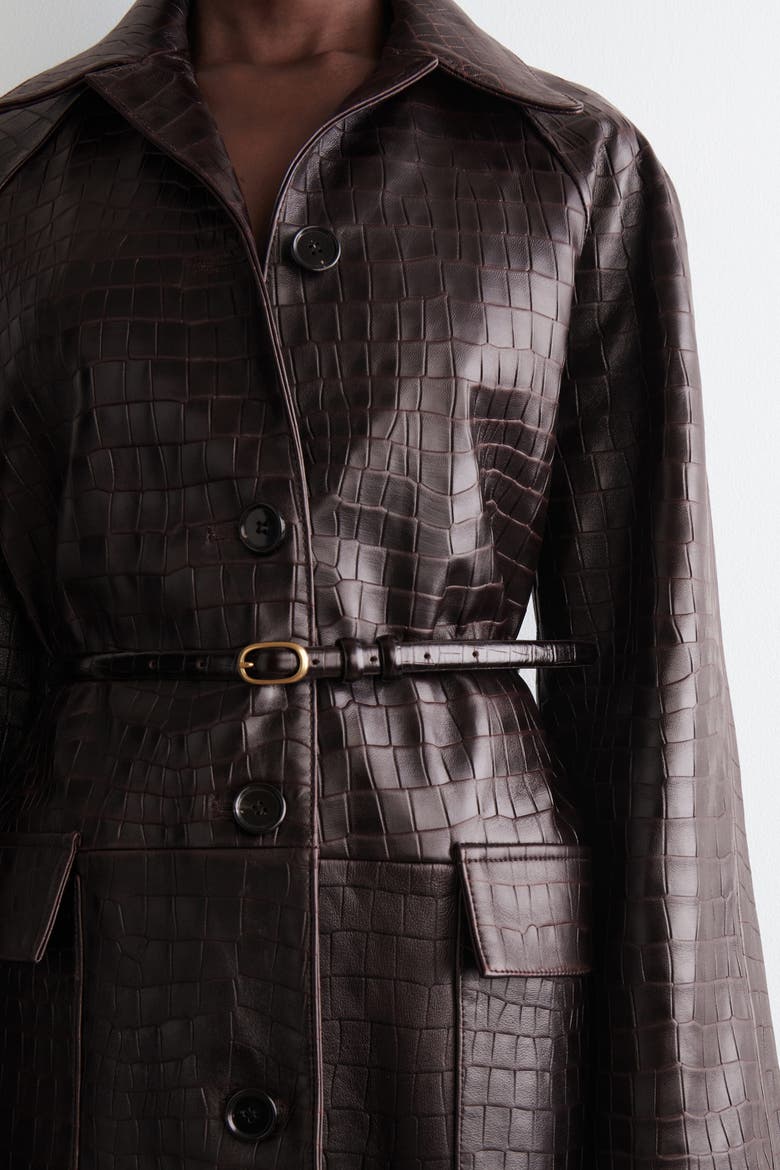 Croc-effect Leather Long Coat, Alternate, color, DARK BROWN