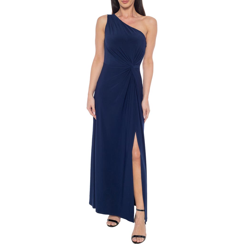 Marina One-shoulder Front Twist A-line Gown In Navy