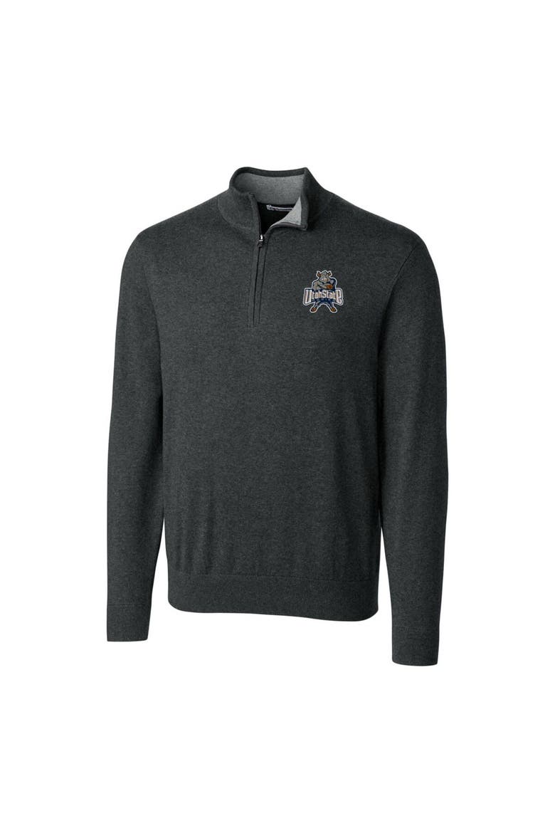 Men's Cutter & Buck Heather Charcoal Utah State Aggies Lakemont Tri-Blend Big & Tall Quarter-Zip Pullover Sweater, Alternate, color, Heather Charcoal