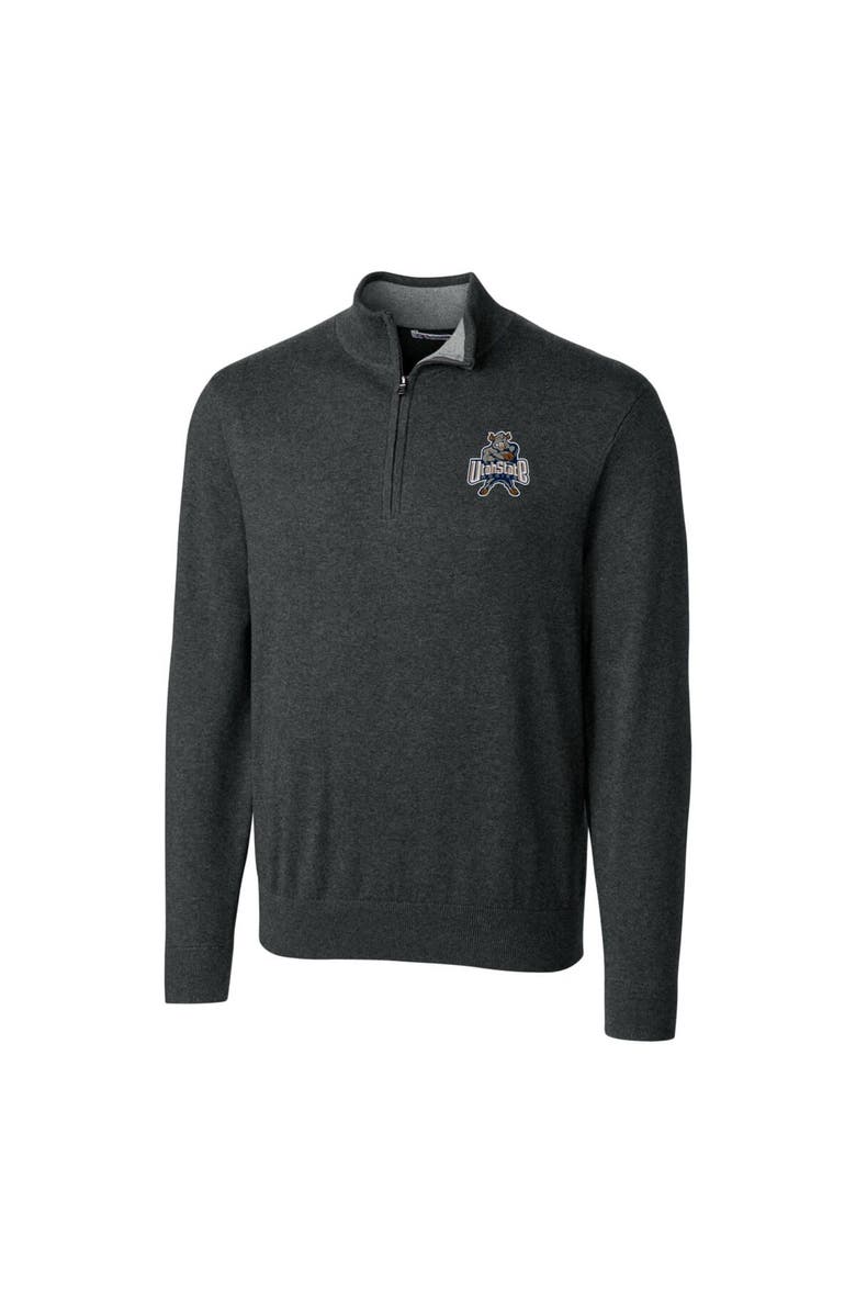 Cutter & Buck Men's Cutter & Buck Heather Charcoal Utah State Aggies Lakemont Tri-Blend Big & Tall Quarter-Zip Pullover Sweater, Alternate, color,
