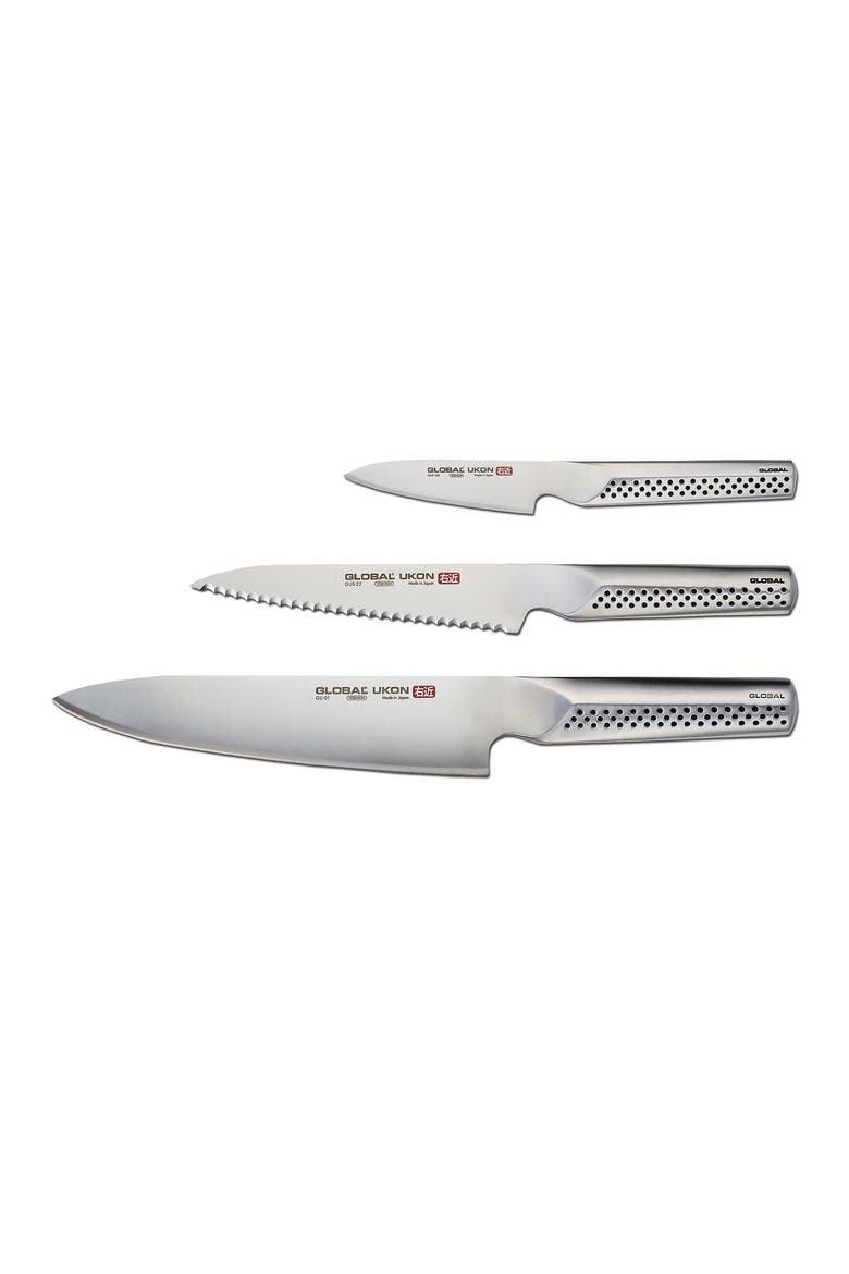 UKON 3 Piece Knife Set, 3.5" Paring, 6" Serrated Utility, 8" Chef's, Main, color, Silver