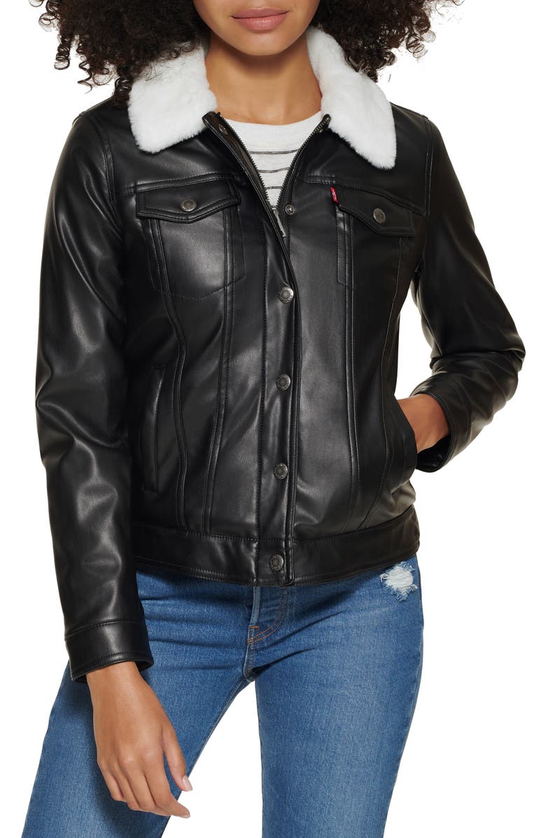 Levi's<sup>®</sup> Faux Fur Collar Faux Leather Trucker Jacket, Main, color, 