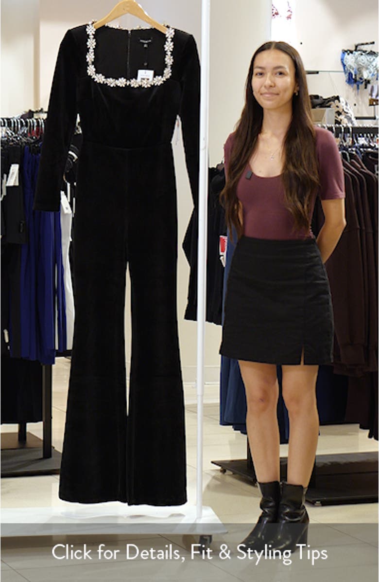 Kimberly Rhinestone Trim Velvet Jumpsuit, sales video thumbnail