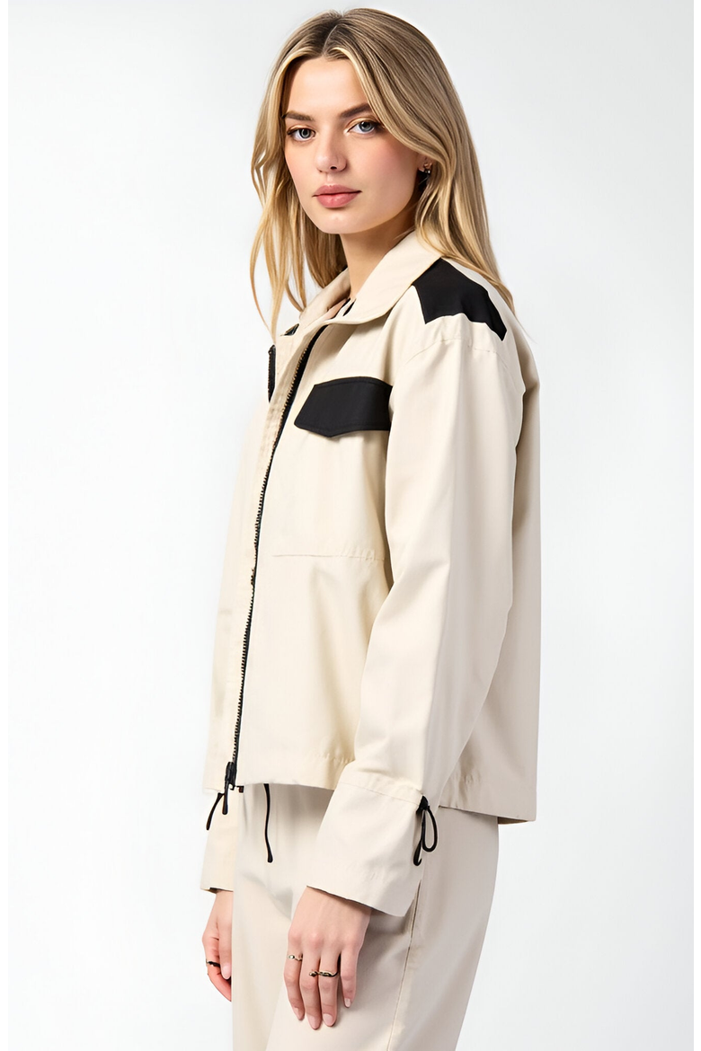Cropped Zip-Up Jacket with Contrast Pockets, Alternate, color, Beige