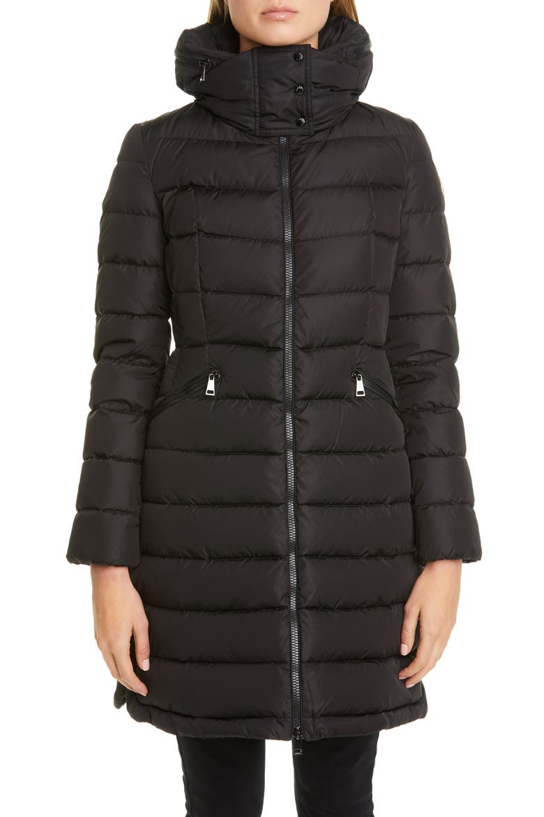 Flammette Water Repellent Long Hooded Down Coat, Main, color, BLACK