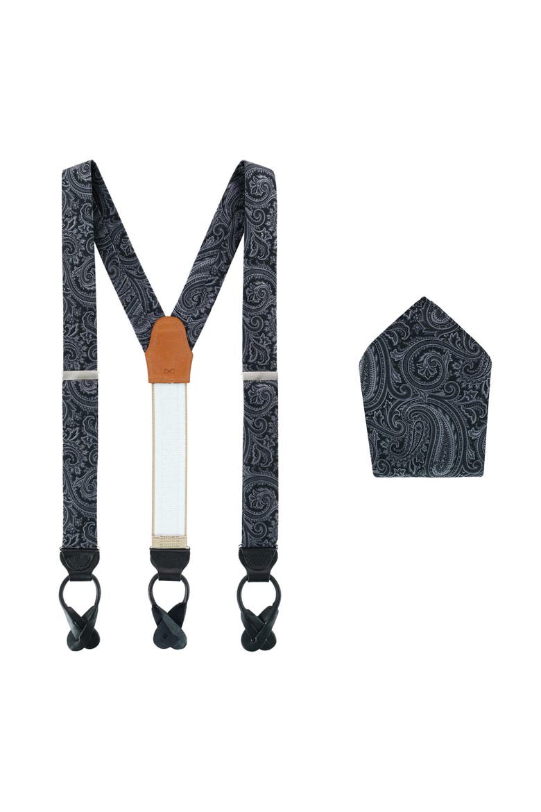 Sobee Paisley Silk Brace & Pocket Square Set, Main, color, Black