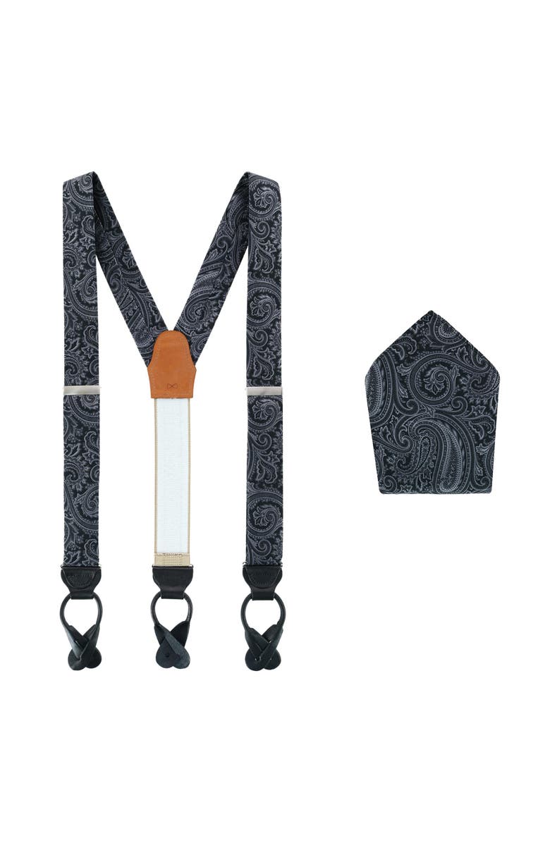 Trafalgar Sobee Paisley Silk Brace & Pocket Square Set, Main, color, Black