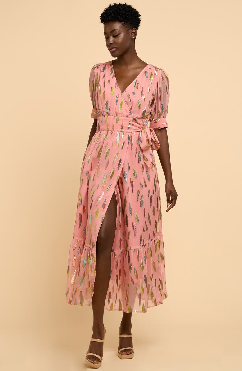 CIEBON Whitney Metalllic Print Wrap Dress, Alternate, color, Dusty Pink