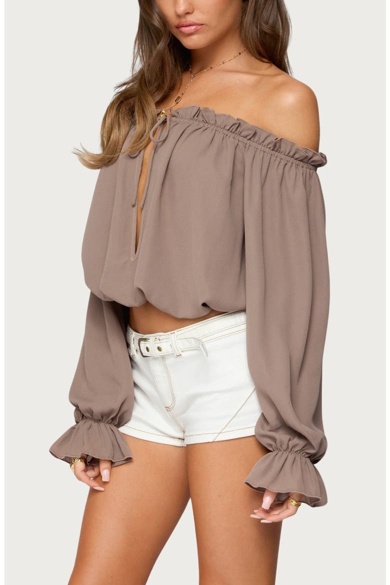 Juna Off the Shoulder Ruffle Chiffon Top, Alternate, color, BROWN