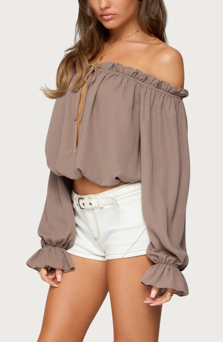 EDIKTED Juna Off the Shoulder Ruffle Chiffon Top, Alternate, color, Brown