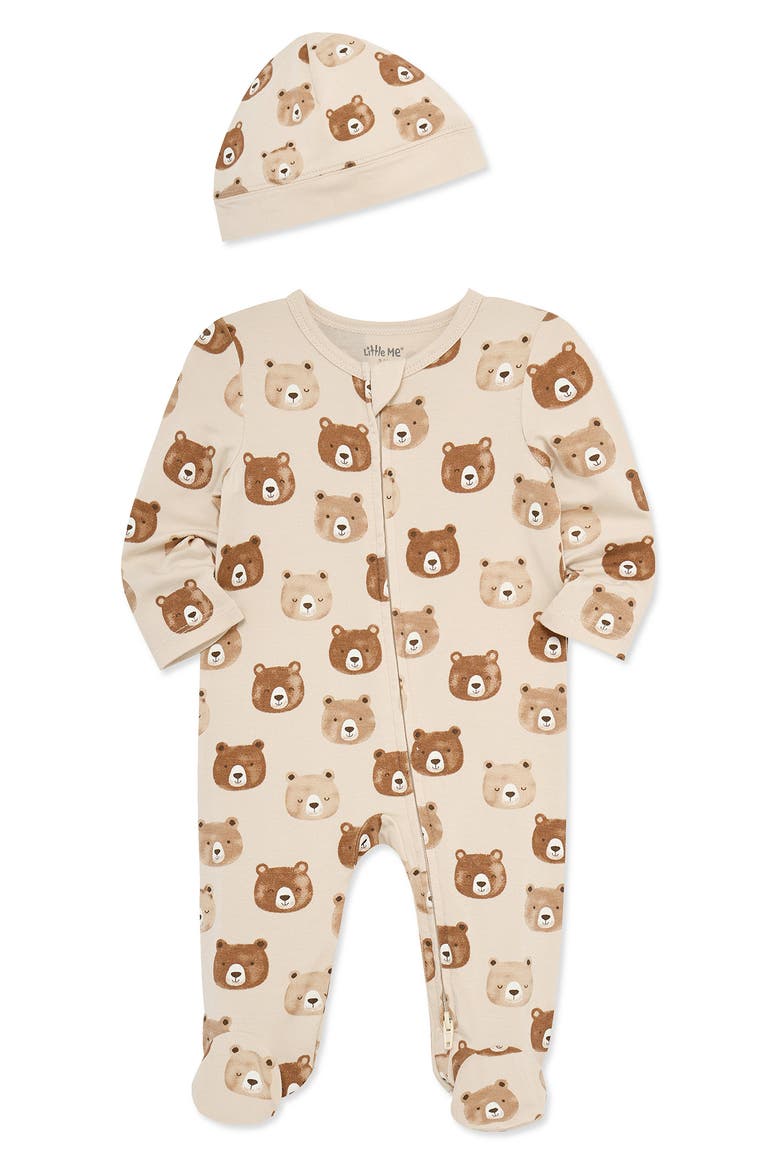 Bear Faces Stretch Viscose Zip Footie & Hat Set (Nordstrom Exclusive), Alternate, color, TAN