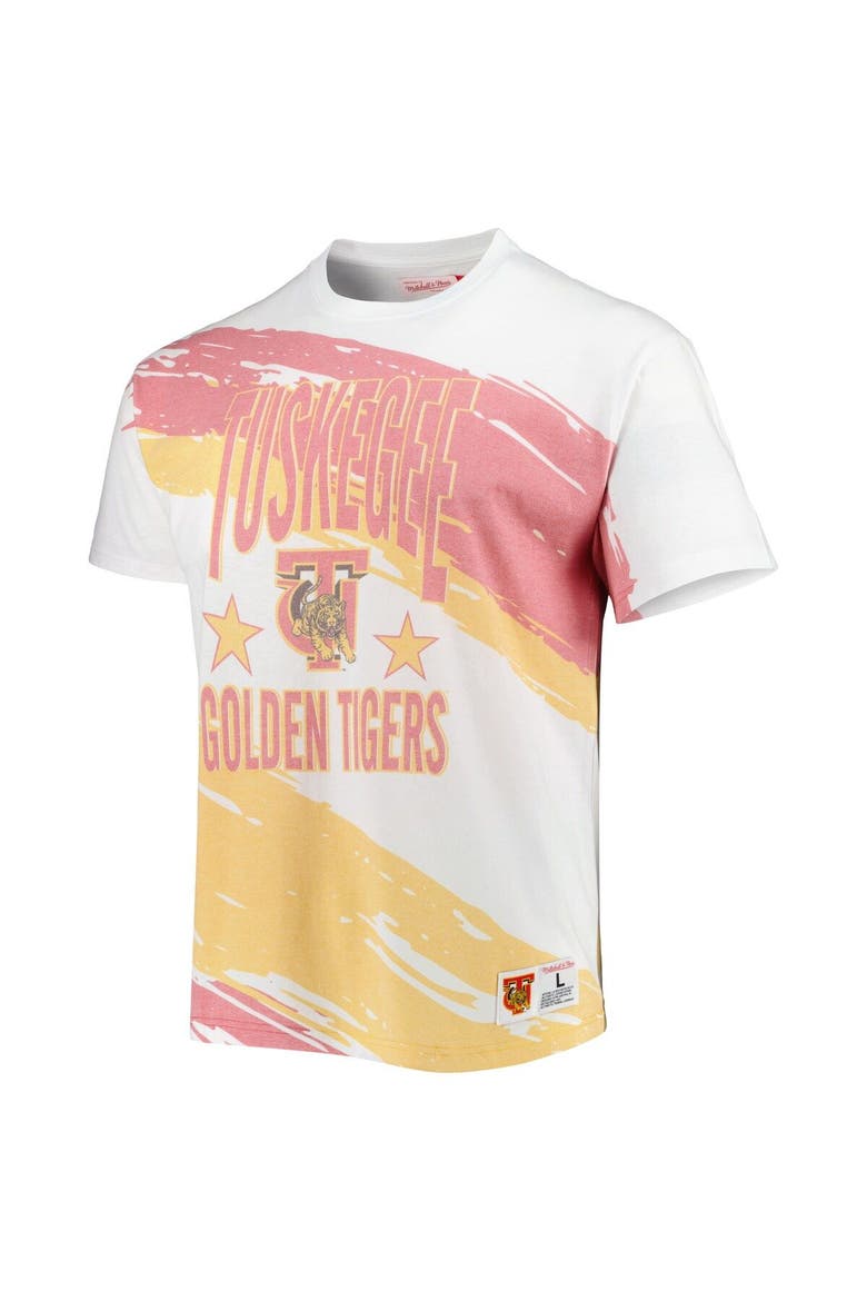 Men's Mitchell & Ness White Tuskegee Golden Tigers Paintbrush Sublimated T-Shirt, Alternate, color, White