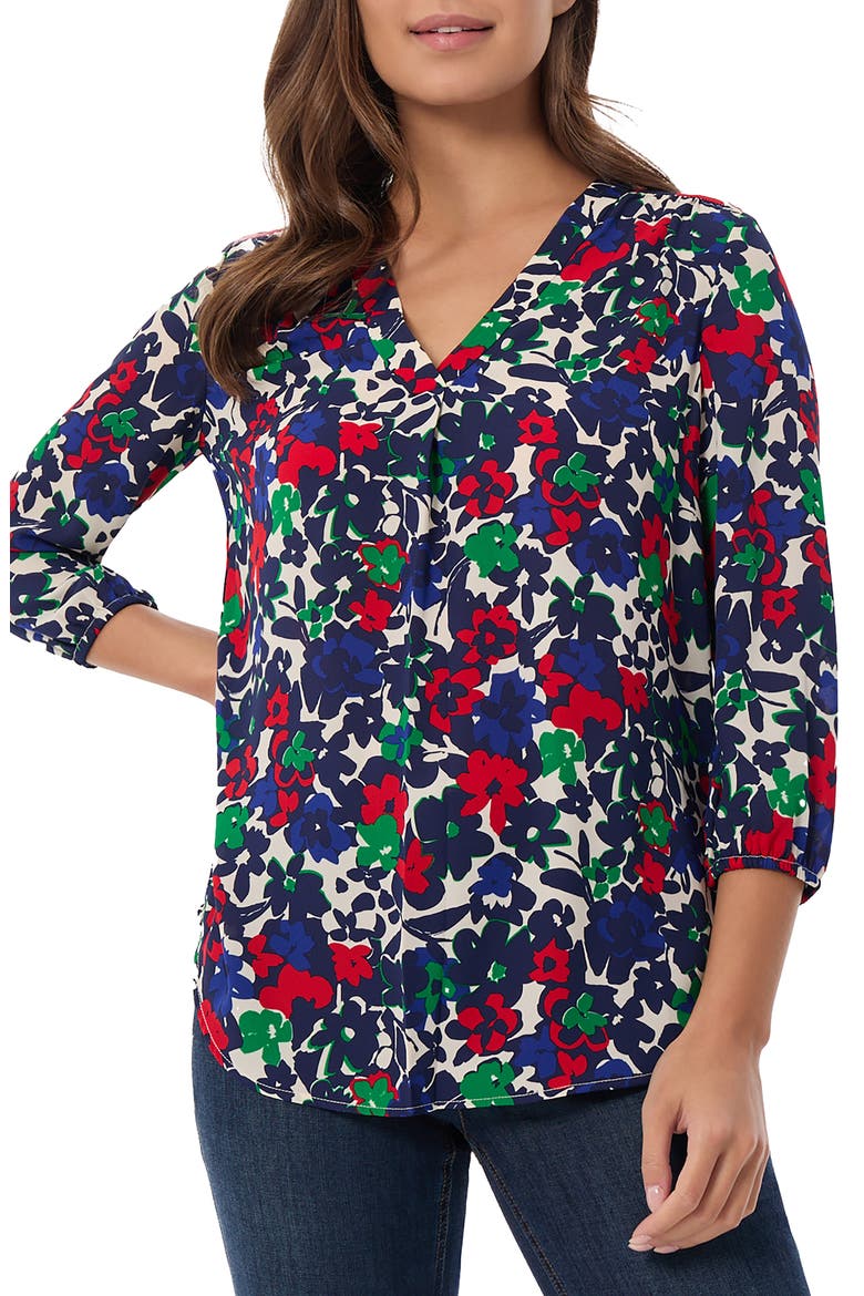 Floral Pleat V-Neck Top, Main, color, SAPPHIRE MULTI