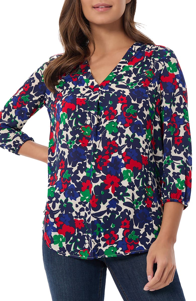 Jones New York Floral Pleat V-Neck Top, Main, color, 