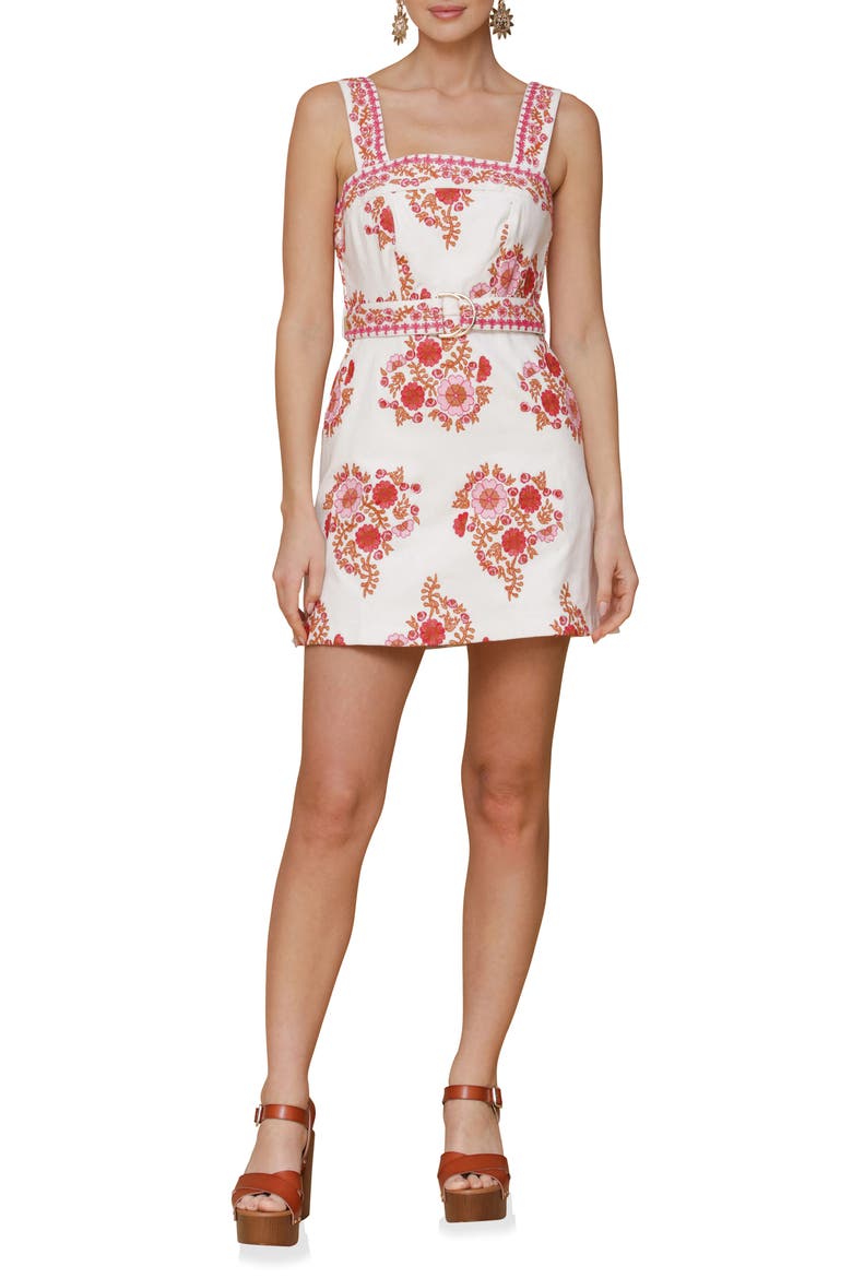 Belted Embroidered Stretch Cotton Minidress, Main, color, PINK MULTI EMBROIDERY