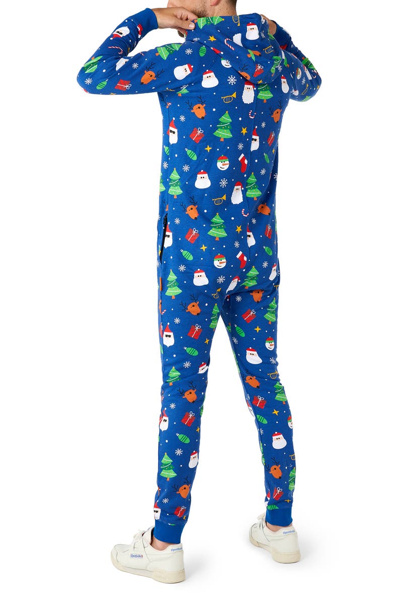 OppoSuits Festivity Blue Print Hooded Long Sleeve Fleece Jumpsuit, Alternate, color,