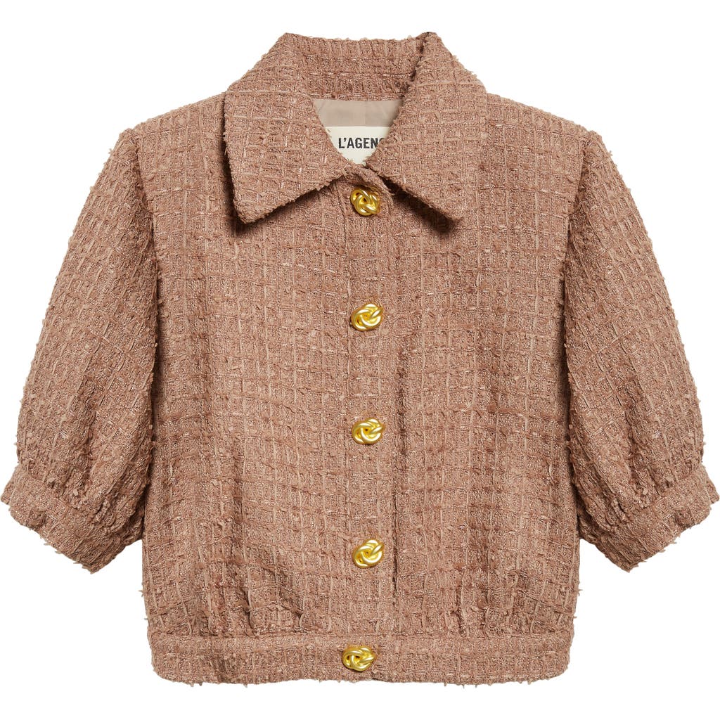 L'agence Cove Tweed Elbow Sleeve Crop Jacket In Brown