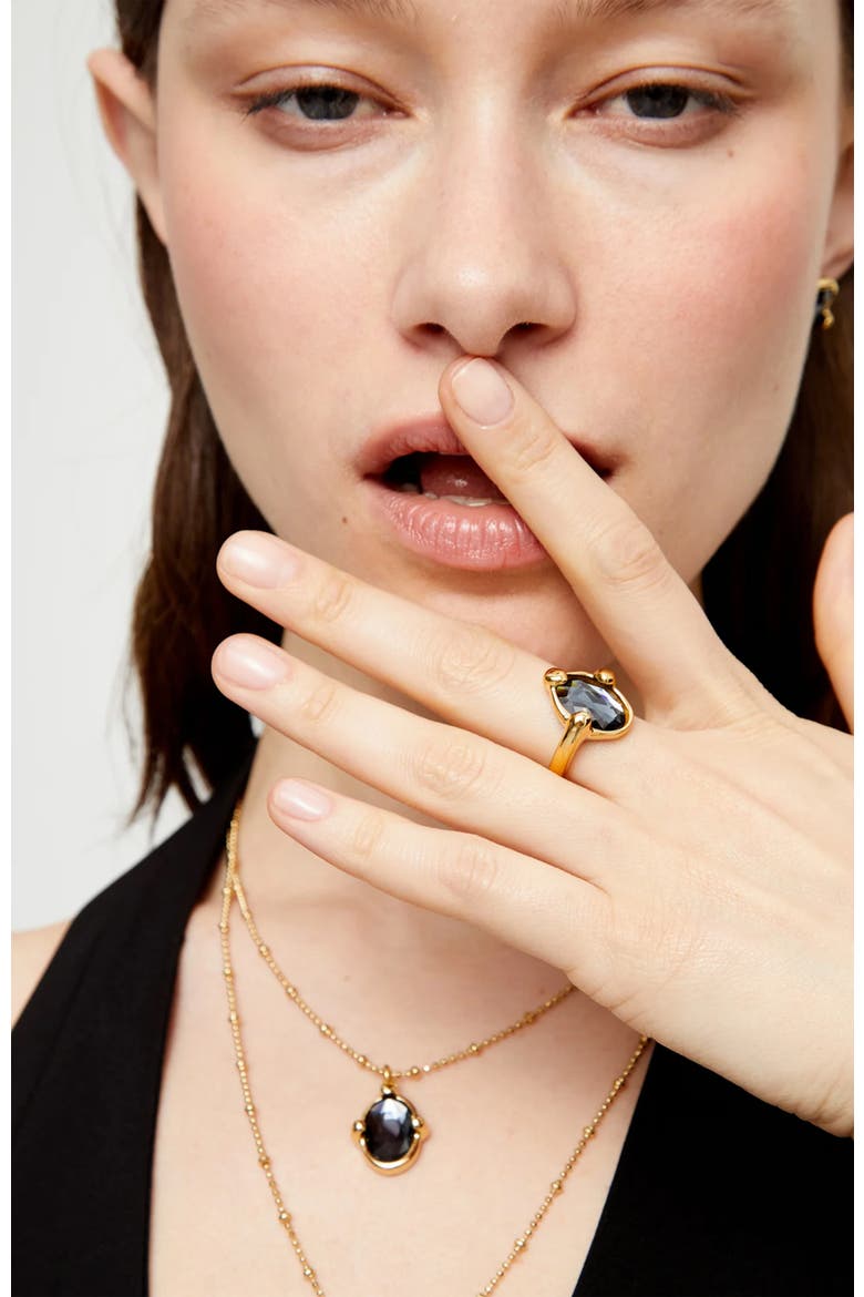 18K Gold-Plated Ring with Black Faceted Crystal, Alternate, color, Gold
