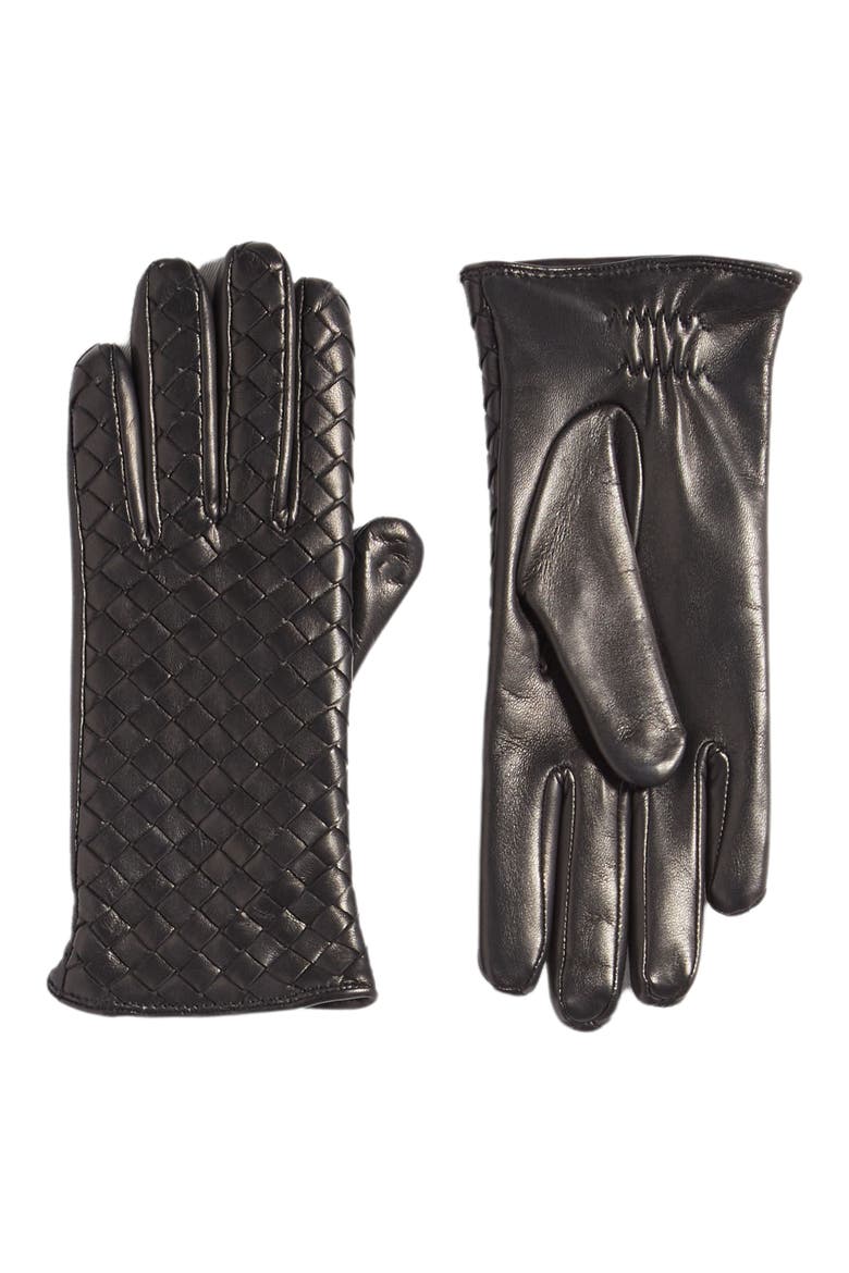 Intrecciato Leather Gloves, Main, color, 1000 BLACK