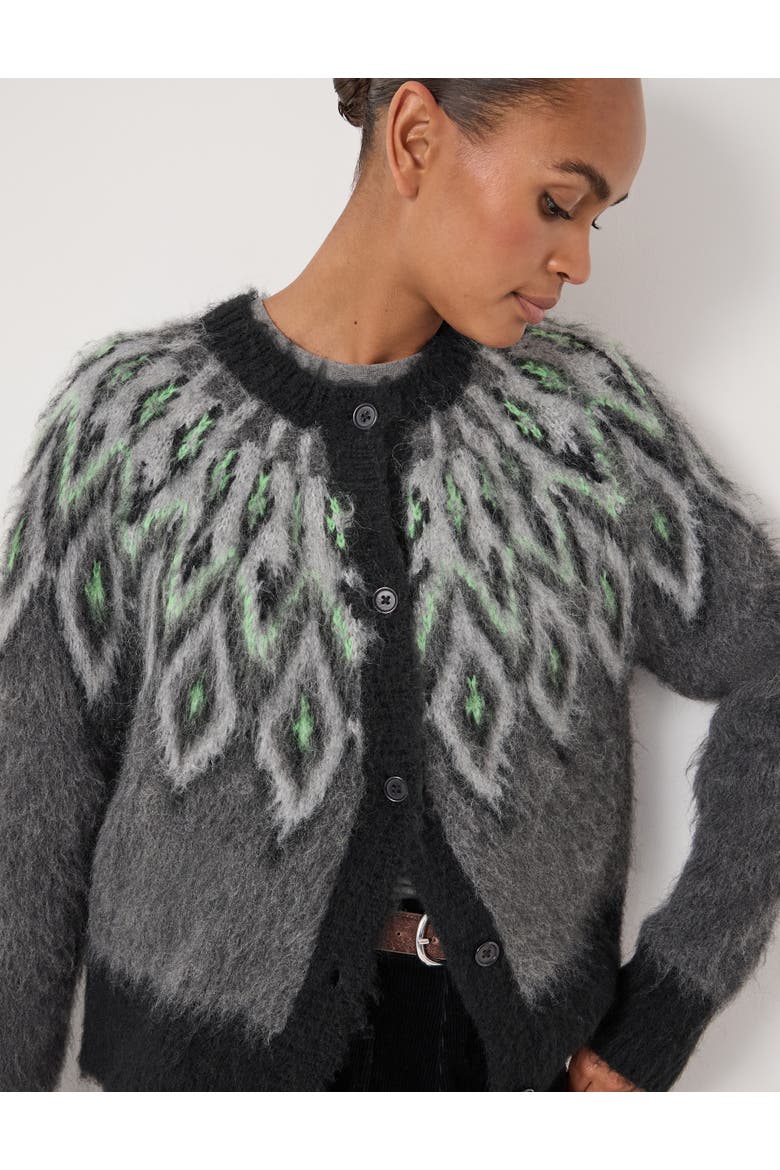 Brushed Fair Isle Mohair Blend Cardigan, Alternate, color, Charcoal Marl