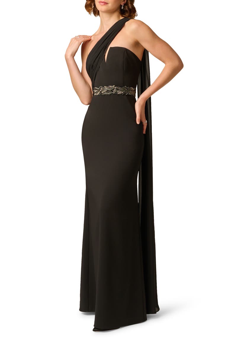 Bead Detail One-Shoulder Stretch Crepe Gown, Alternate, color, BLACK