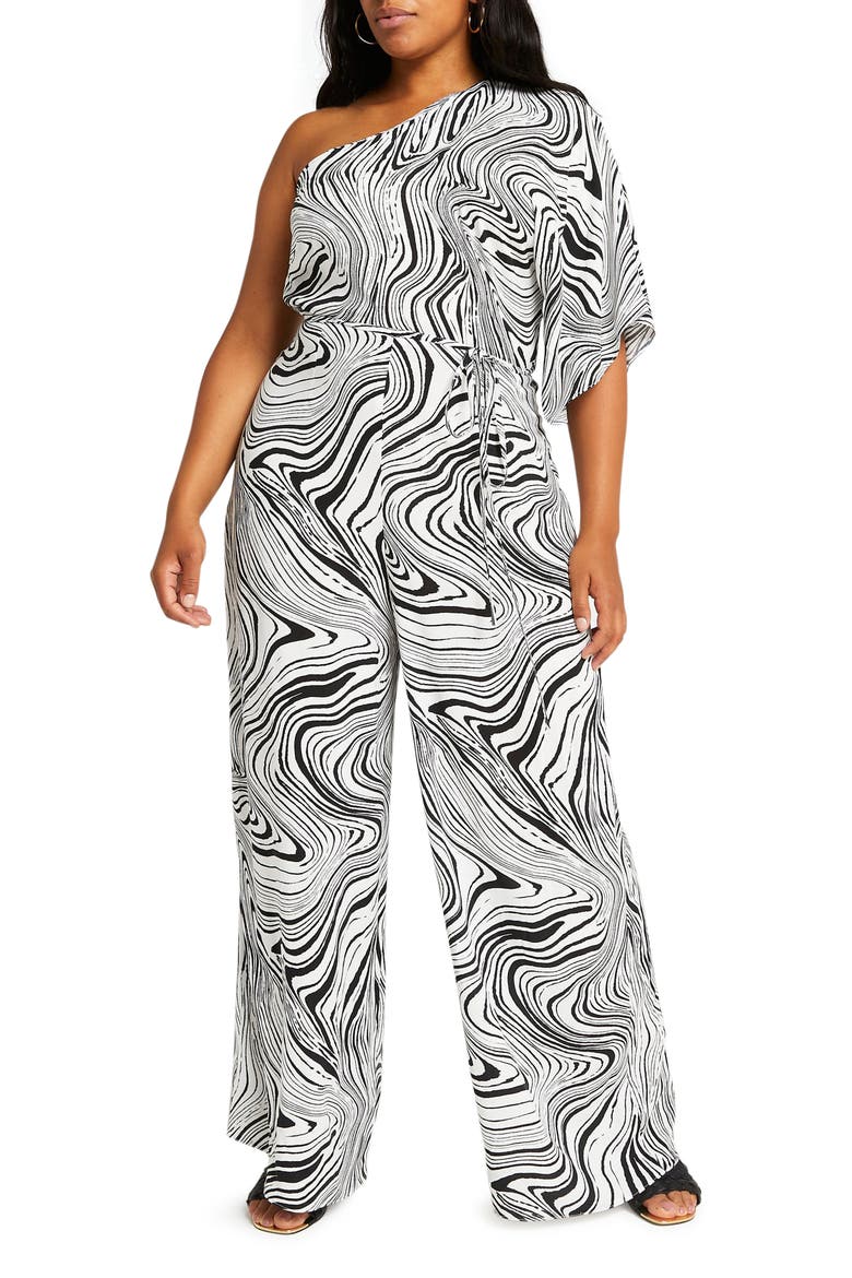 Black Marble Print One-Shoulder Jumpsuit, Main, color, BLACK/ WHITE