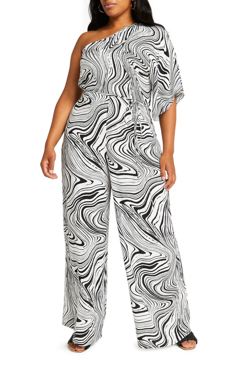 River Island Black Marble Print One-Shoulder Jumpsuit, Main, color,