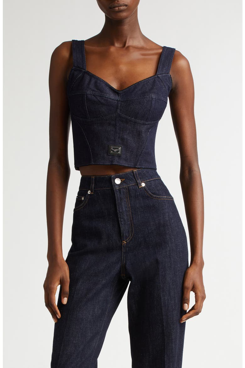 Logo Plaque Denim Corset Top, Main, color, S9001 VARIANTE ABBINATA