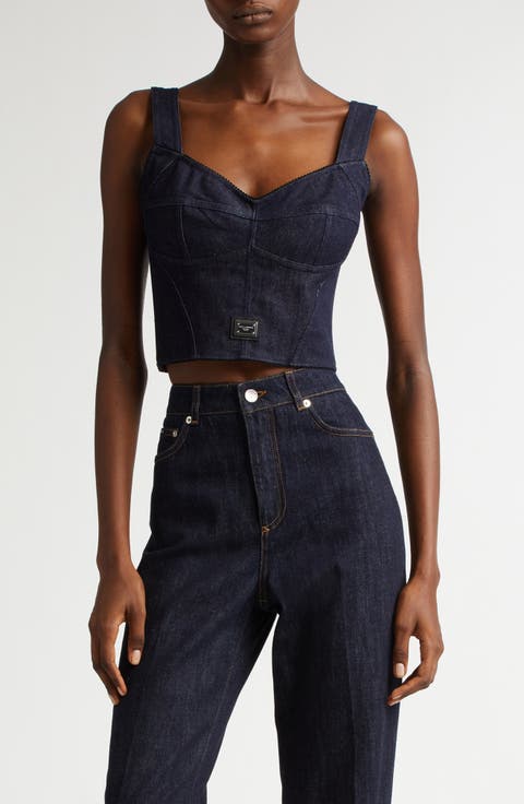 Logo Plaque Denim Corset Top