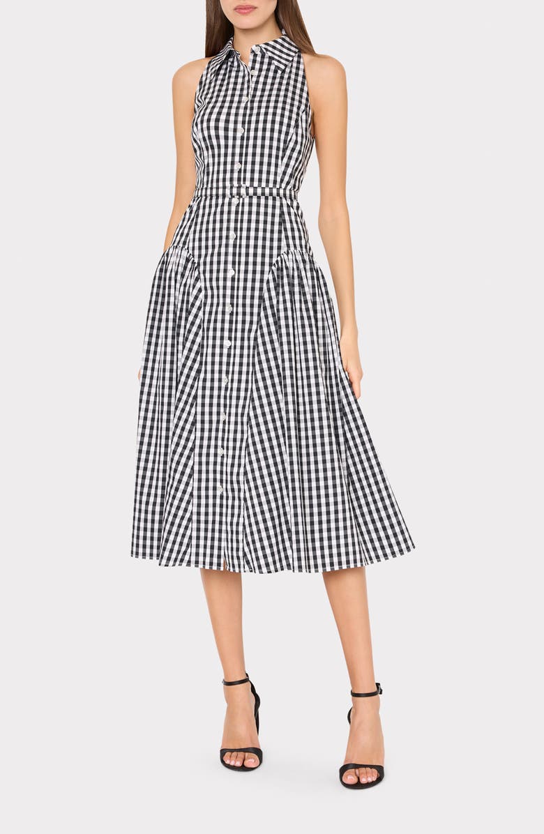 Milly Maxine Gingham Cotton Blend Midi Shirtdress, Main, color, Black/ White