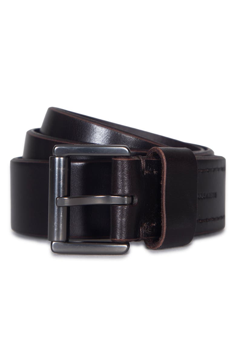 AllSaints Bevel Edge Leather Belt, Main, color, Dark Brown